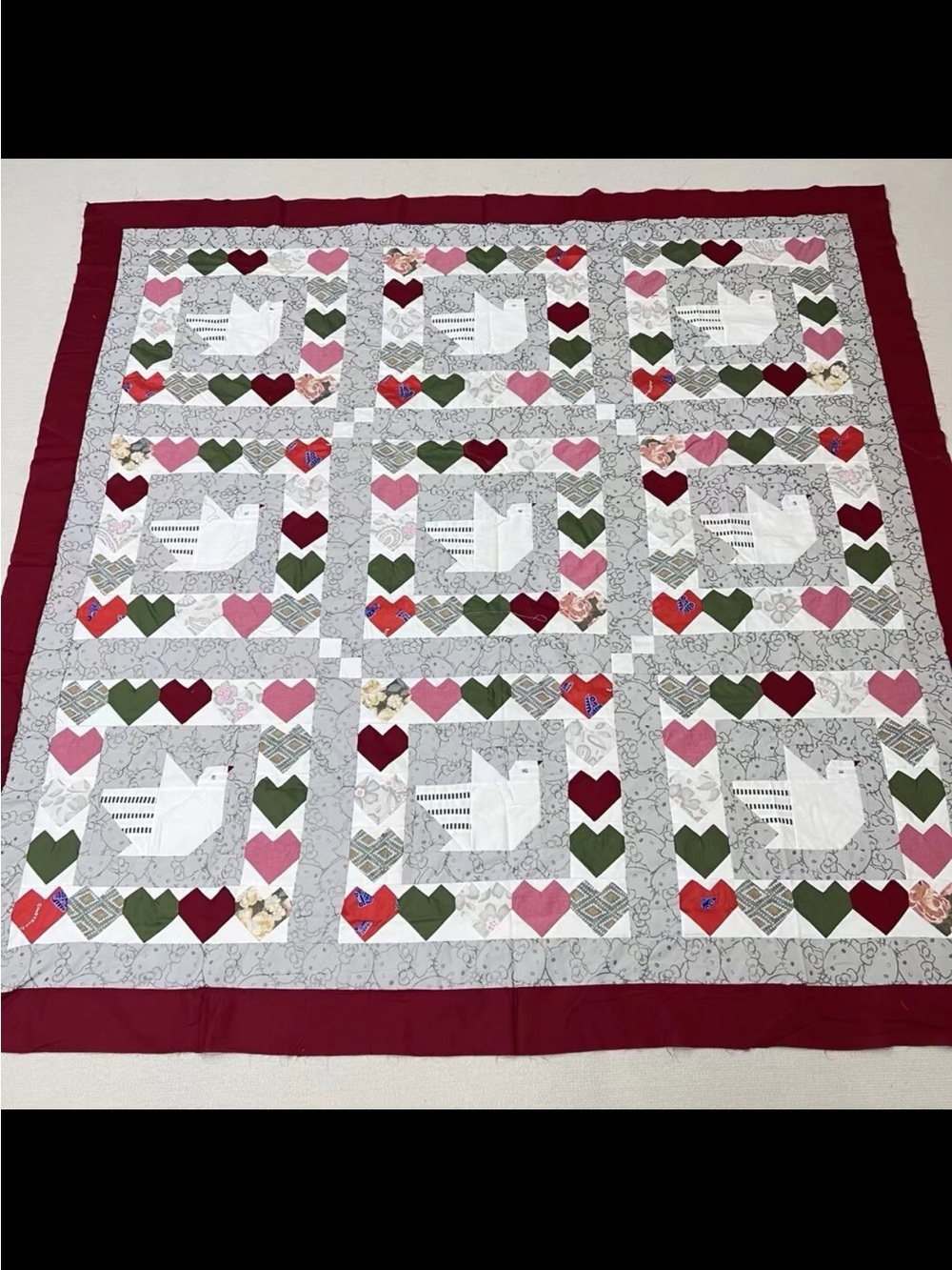 Handmade Original birds Patchwork Cotton Quilt Top/Topper Machine pieced 86x86”